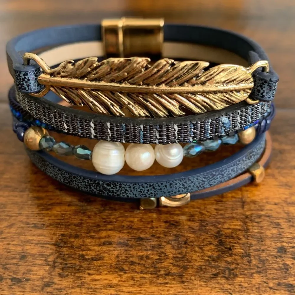 Men’s Seascape Nautical Navy PU Boho Cuff Bracelet, Genuine Pearls